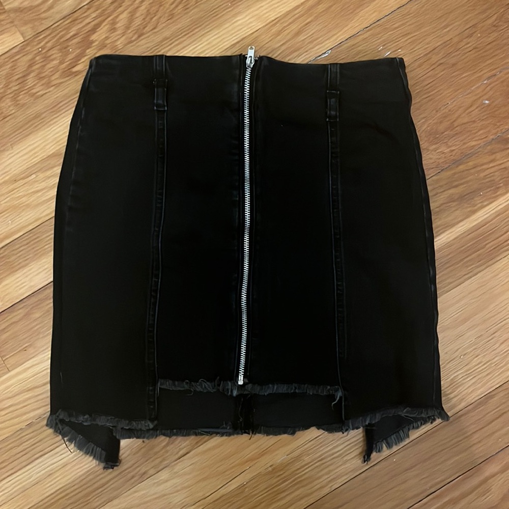 Black denim skirt, zip up.